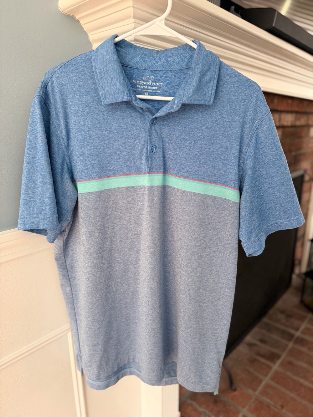 Vineyard Vines Heathered Blue Polo with Mint and Pink Stripe